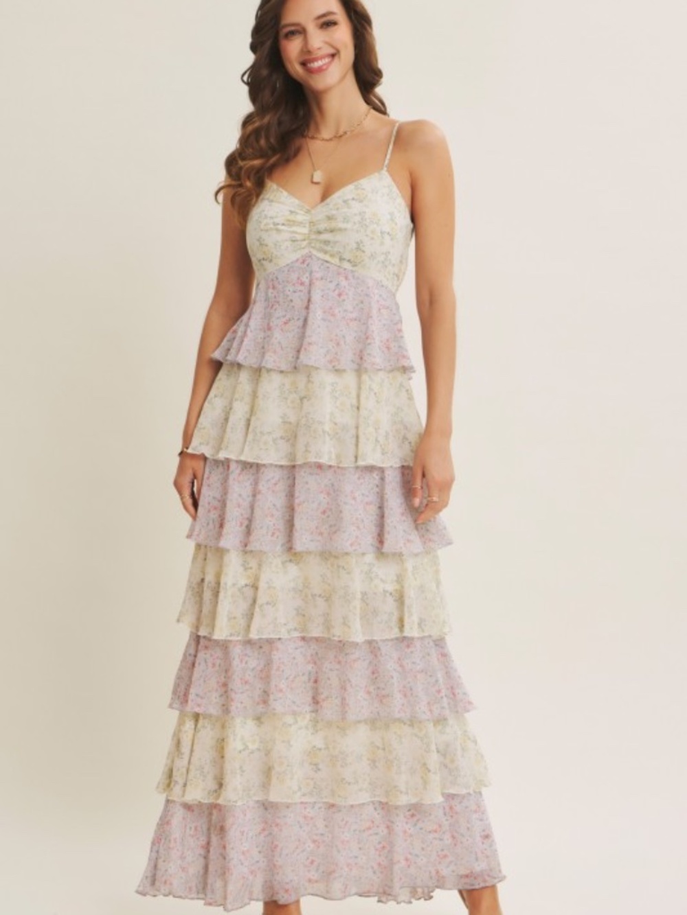 Romantic Floral Tiered Maxi Dress With Ruched Bust